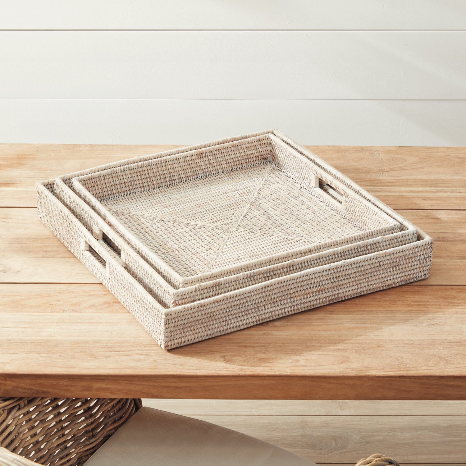 Burma Rattan Ottoman Trays, Set of 3- Whitewash