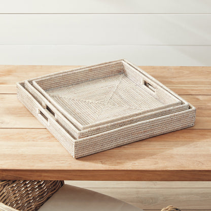 Burma Rattan Ottoman Trays, Set of 3- Whitewash