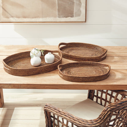 Burma Rattan Oval Serving Trays, Set of 3- Warm Brown