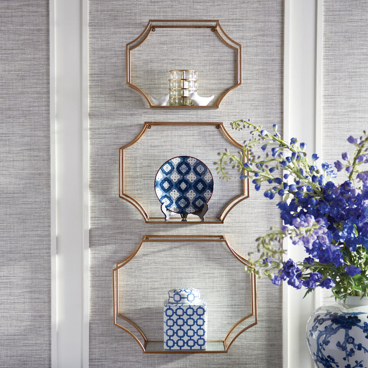 Hudson Mirrored Wall Shelves, Set of 3 - Antique Gold