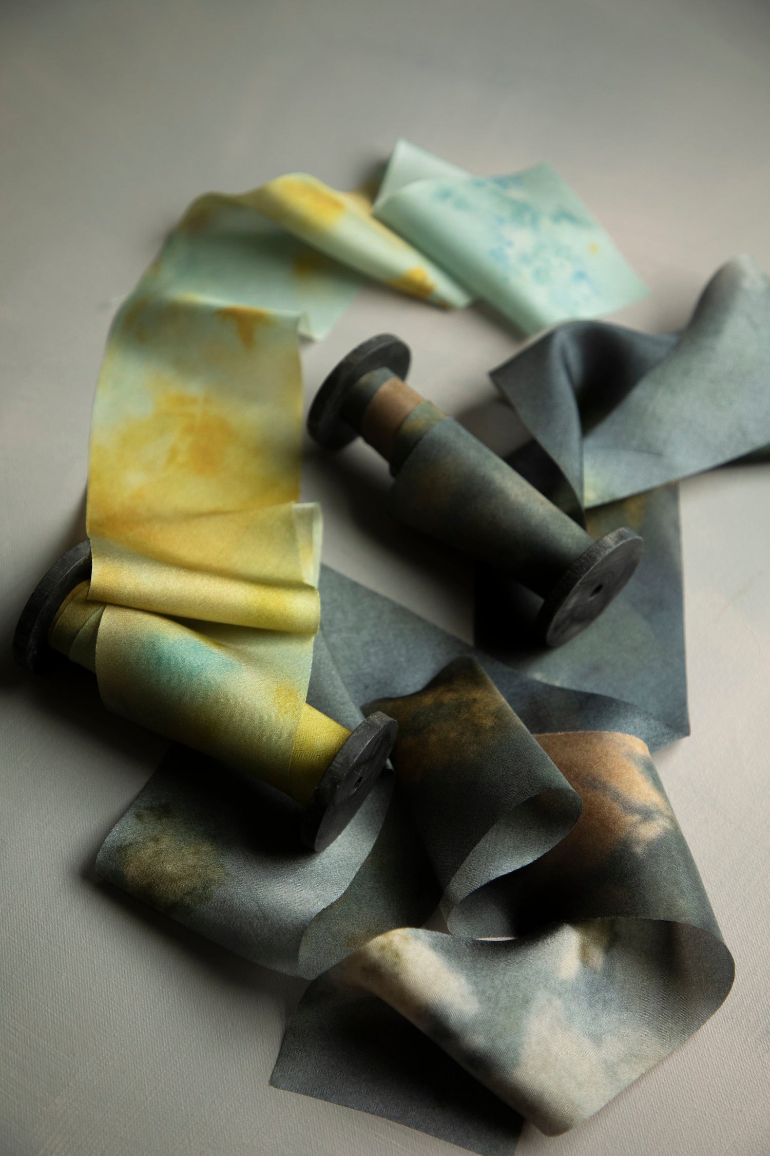 Teal Marigold Botanical Print Silk ribbon