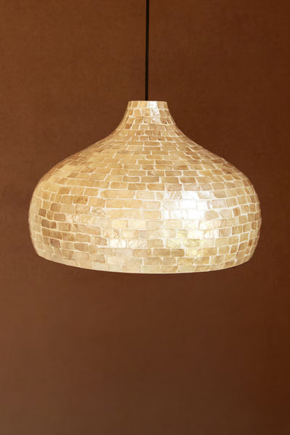 Dome Spun Bamboo Pendant Light with Neutral Capiz Shell Detail
