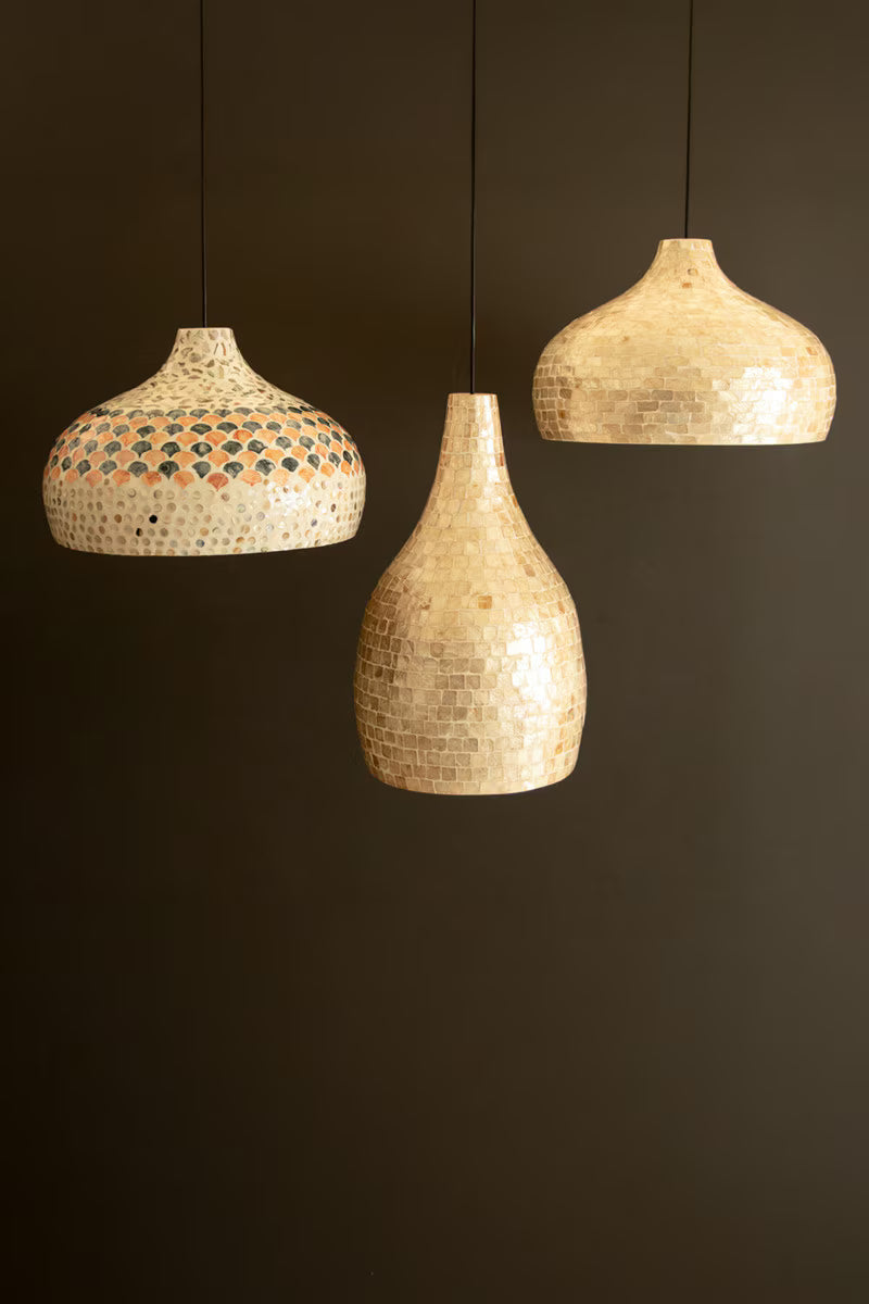 Dome Spun Bamboo Pendant Light with Neutral Capiz Shell Detail