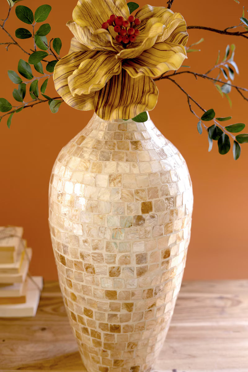 Spun Bamboo Vase with Neutral Capiz Shell Detail / Tall