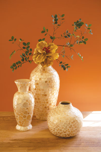 Spun Bamboo Vase with Neutral Capiz Shell Detail / Tall