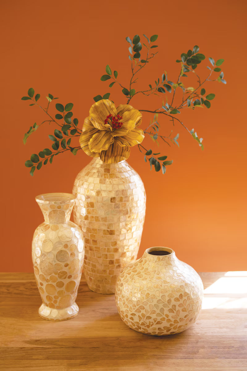 Spun Bamboo Vase with Neutral Capiz Shell Detail / Medium