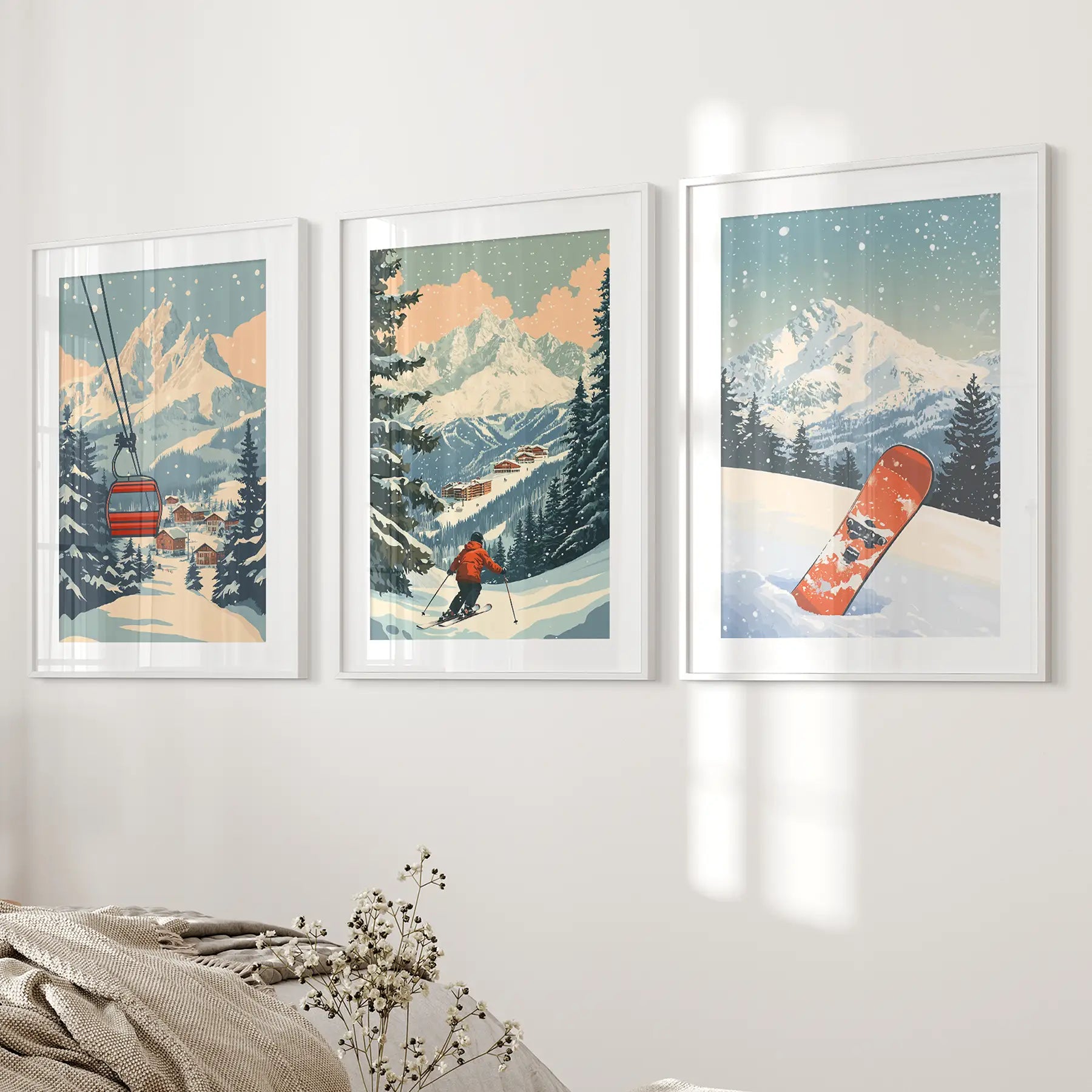 Vintage Ski Poster Set of 3. Snowboard, Skier &amp; Ski Lift Wall Art