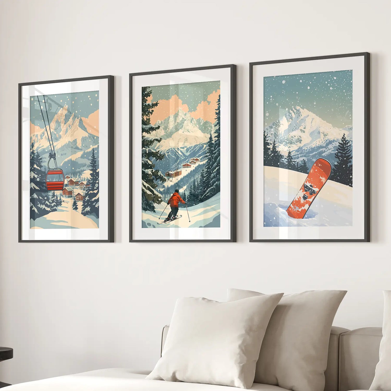 Vintage Ski Poster Set of 3. Snowboard, Skier &amp; Ski Lift Wall Art
