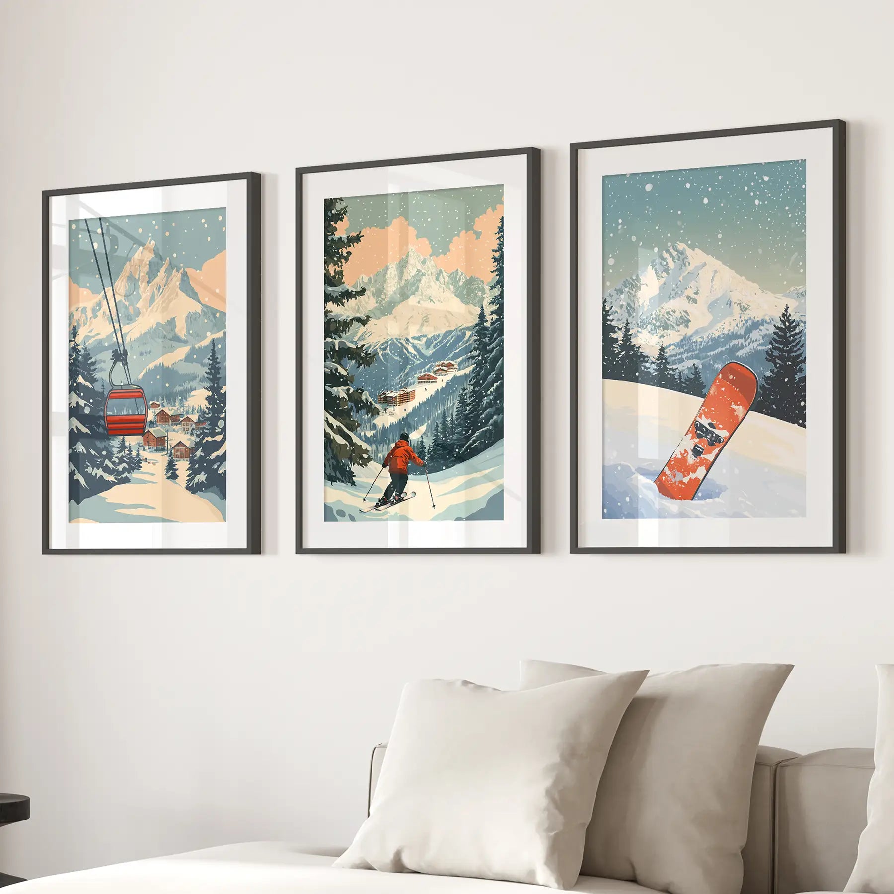 Vintage Ski Poster Set of 3. Snowboard, Skier &amp; Ski Lift Wall Art