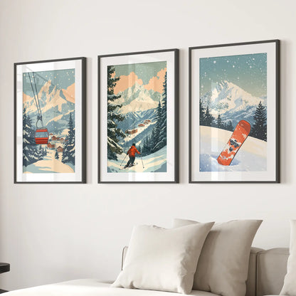 Vintage Ski Poster Set of 3. Snowboard, Skier &amp; Ski Lift Wall Art