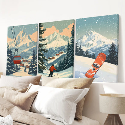 Vintage Ski Poster Set of 3. Snowboard, Skier &amp; Ski Lift Wall Art