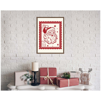 Retro Santa Christmas Stamp by Lucky Guava Framed Canvas Wall Art Print