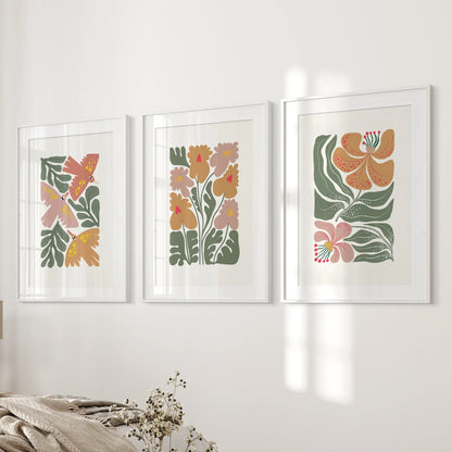 Abstract Botanical Set of 3 Prints. Retro Flower Gallery Art