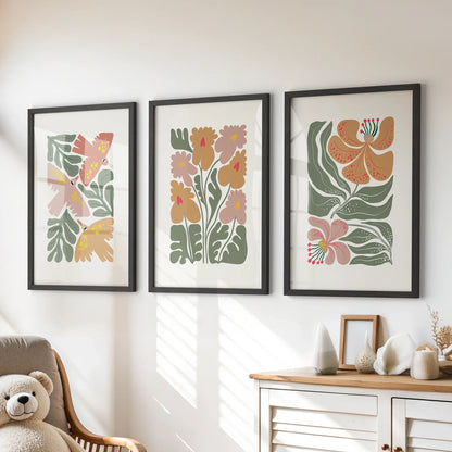 Abstract Botanical Set of 3 Prints. Retro Flower Gallery Art