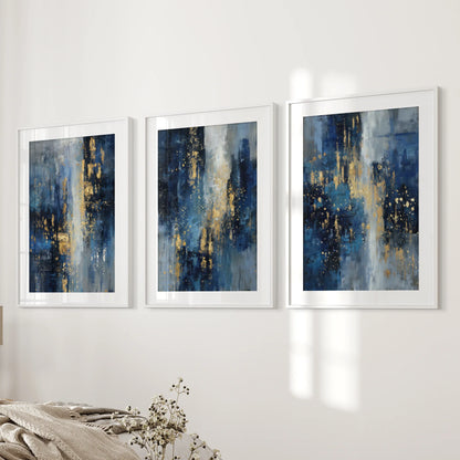 Navy Blue and Gold Triptych. Sparkle Oil Painting Prints
