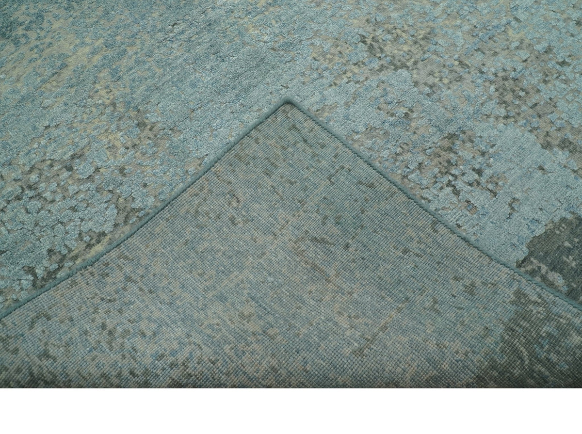 Abstract Design Blue, Beige And Gray 8x10 Hand Knotted Wool and Bamboo Silk Rug