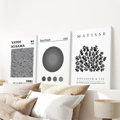 Black White Kusama, Matisse, Bauhaus Posters. Art Set of 3