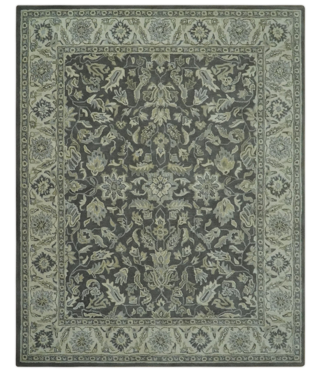 Antique Design 8x10 Charcoal and Beige Traditional Floral Hand Tufted rug