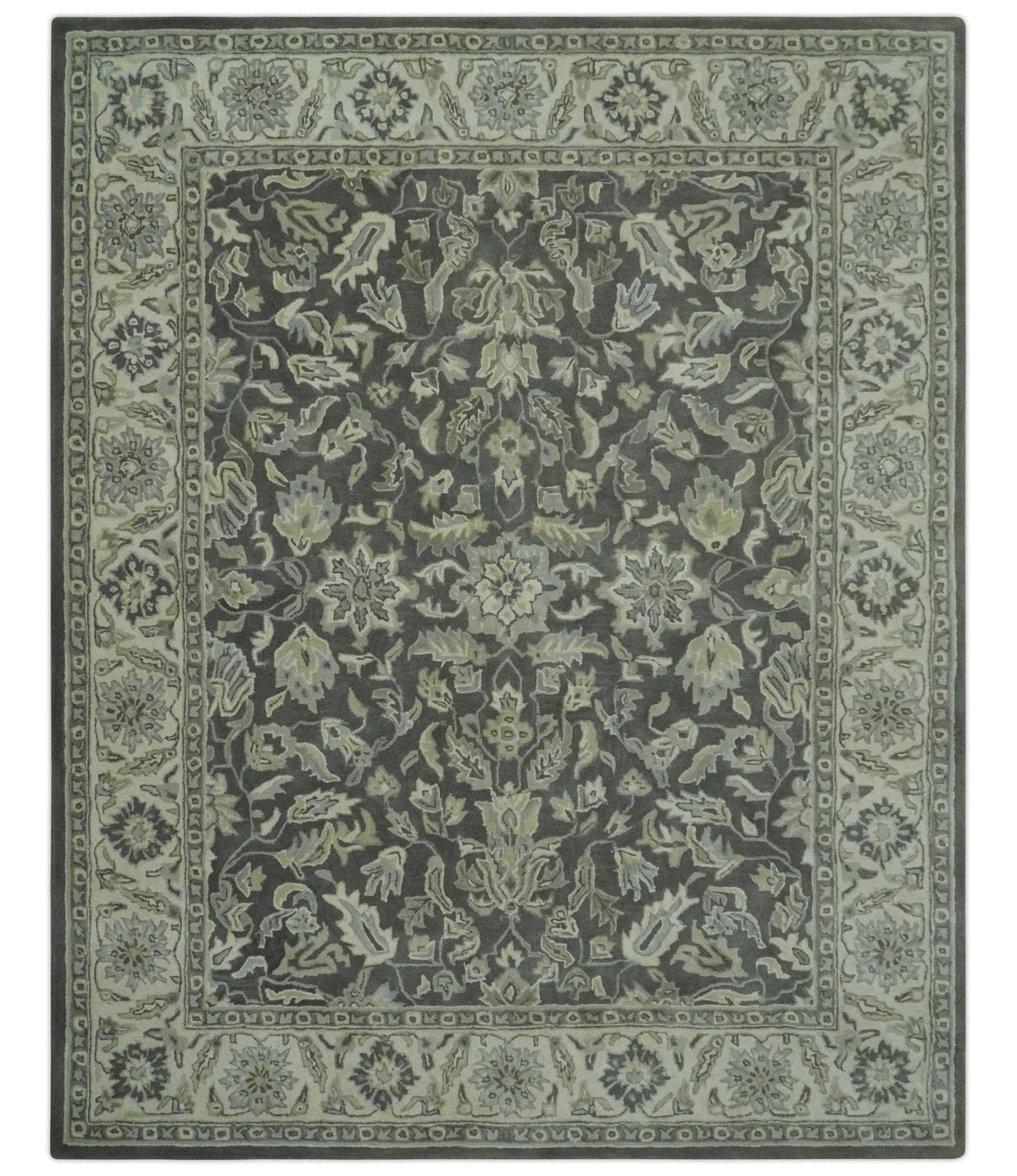 Antique Design 8x10 Charcoal and Beige Traditional Floral Hand Tufted rug