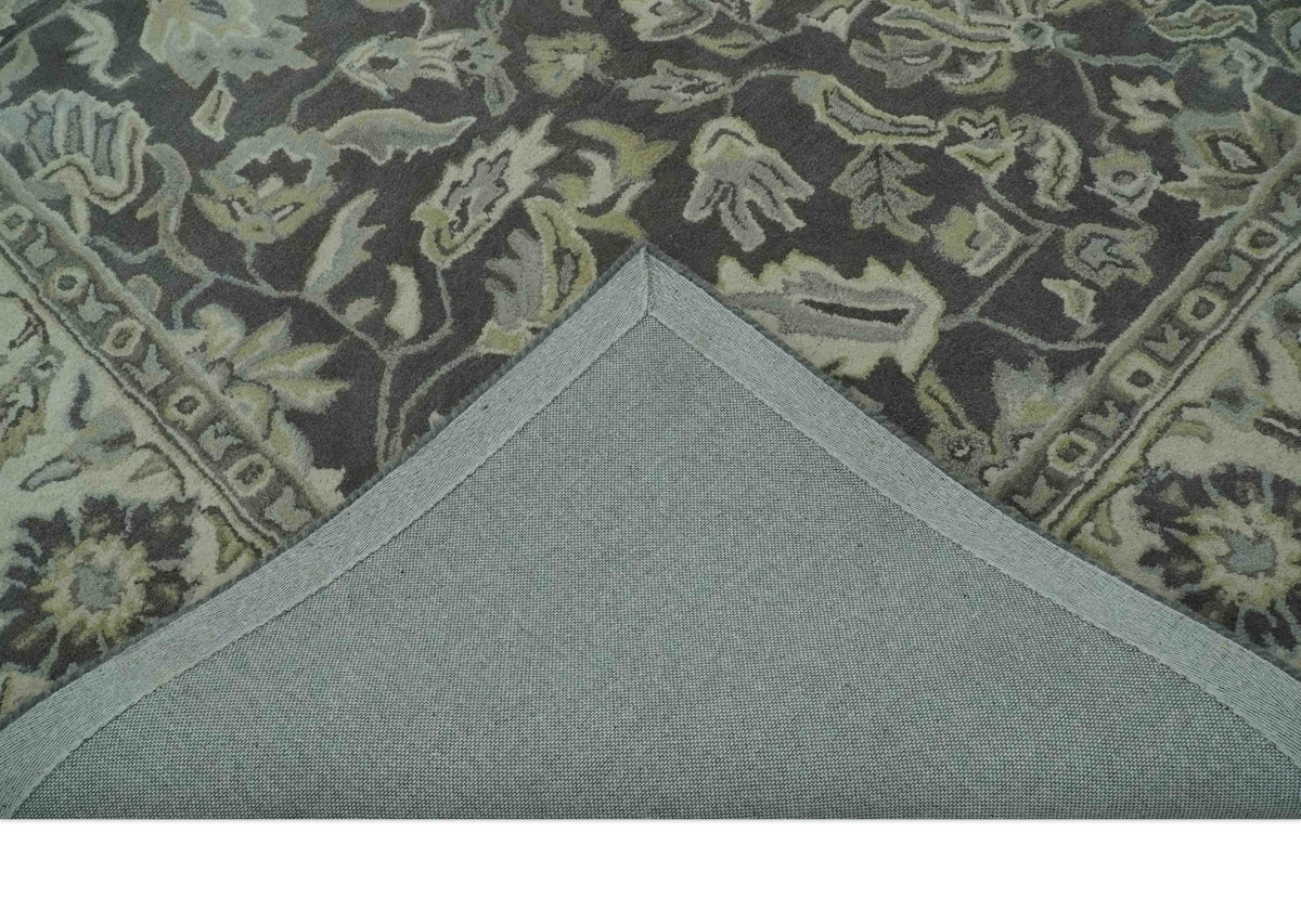Antique Design 8x10 Charcoal and Beige Traditional Floral Hand Tufted rug