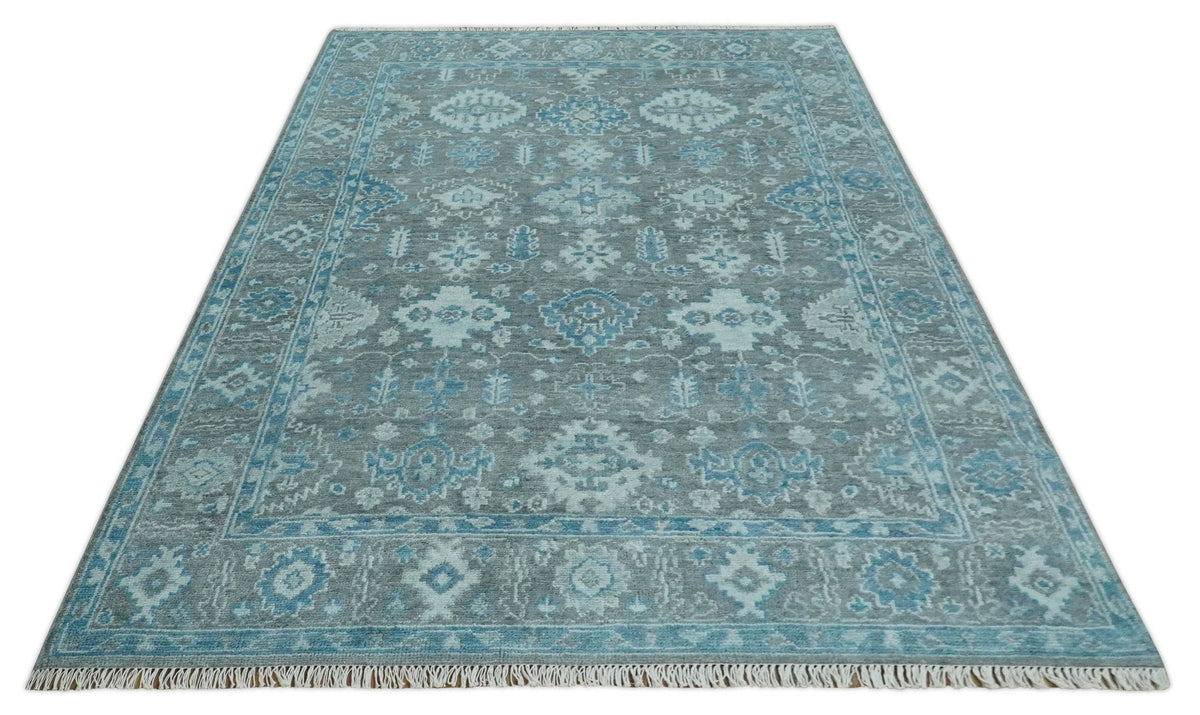 Antique Turkish  Gray and Blue Hand Knotted 8x10 Wool Area Rug