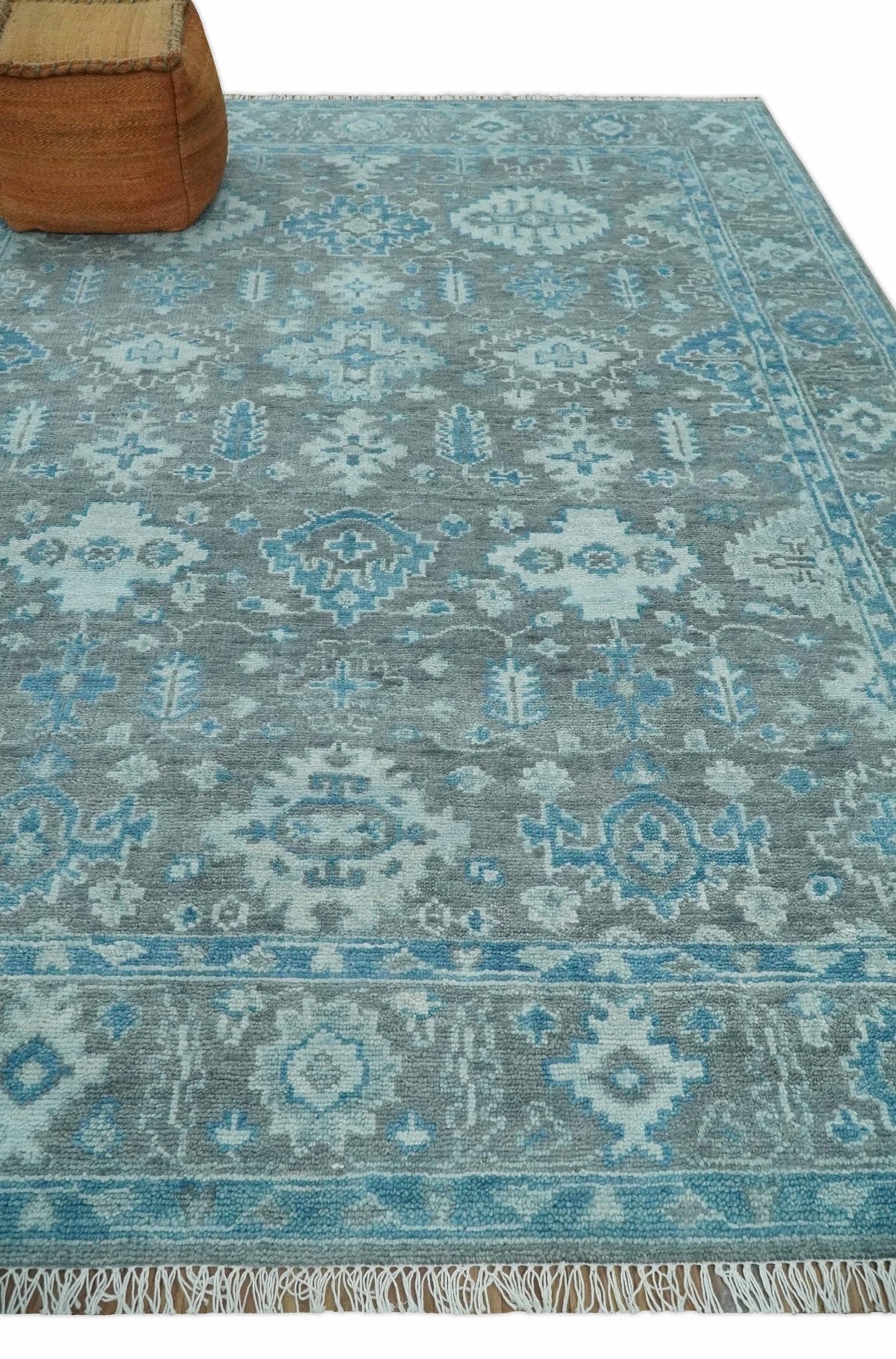 Antique Turkish  Gray and Blue Hand Knotted 8x10 Wool Area Rug