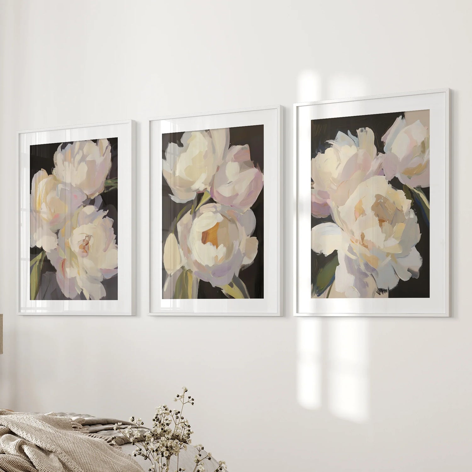 Moody Pink and White Peonies Art. Floral Set of 3 Prints