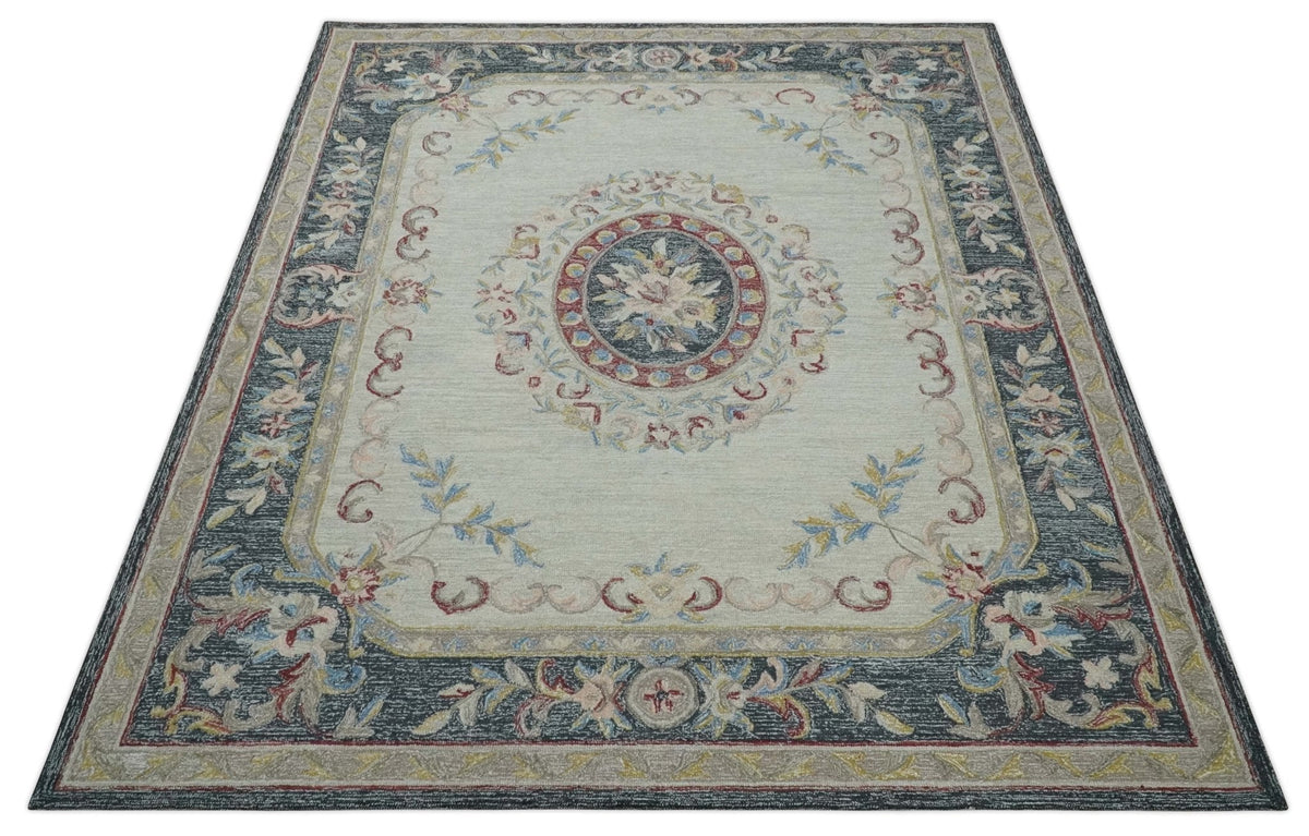 Antique Style Beige and Charcoal Aubusson design Hand Tufted 8x10 wool Area Rug