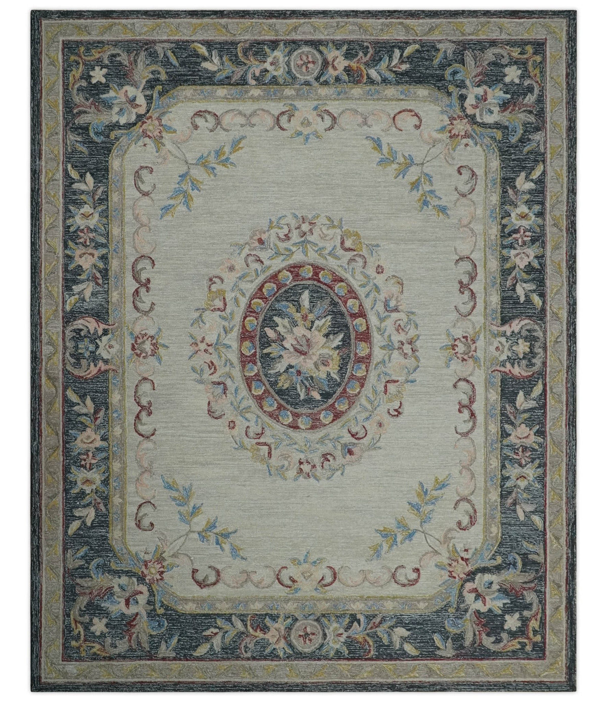 Antique Style Beige and Charcoal Aubusson design Hand Tufted 8x10 wool Area Rug