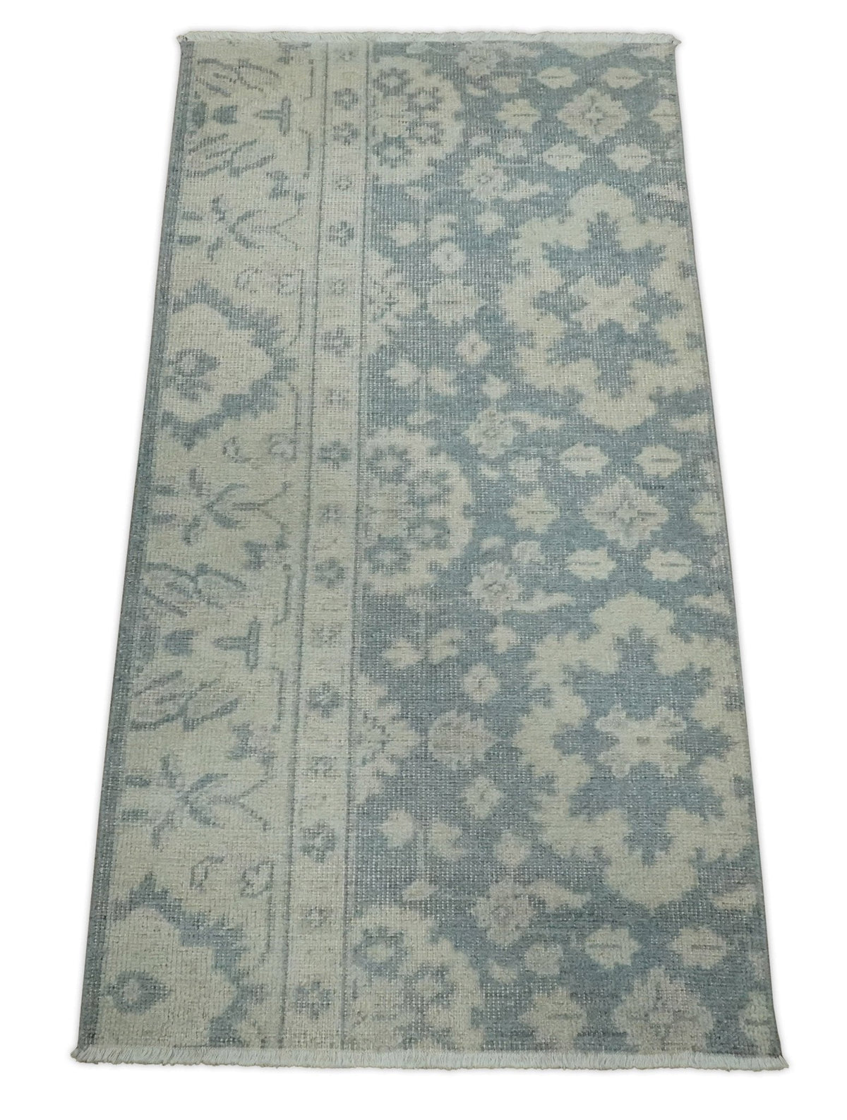 Antique Style Ivory and Charcoal Hand Knotted Traditional Oushak 2x4 wool Bedside Rug