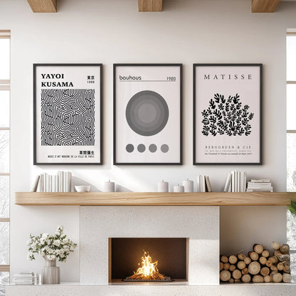 Black White Kusama, Matisse, Bauhaus Posters. Art Set of 3
