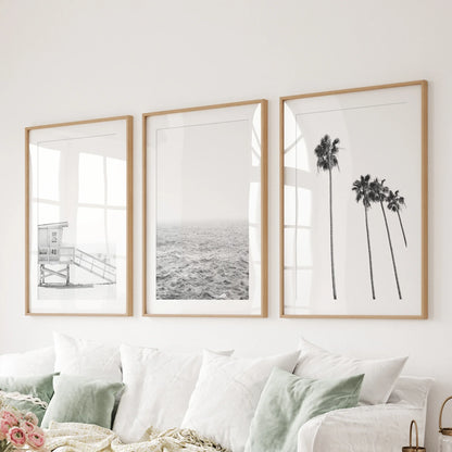 Black White Coastal Wall Art Set: Palms, Ocean, Lifeguard