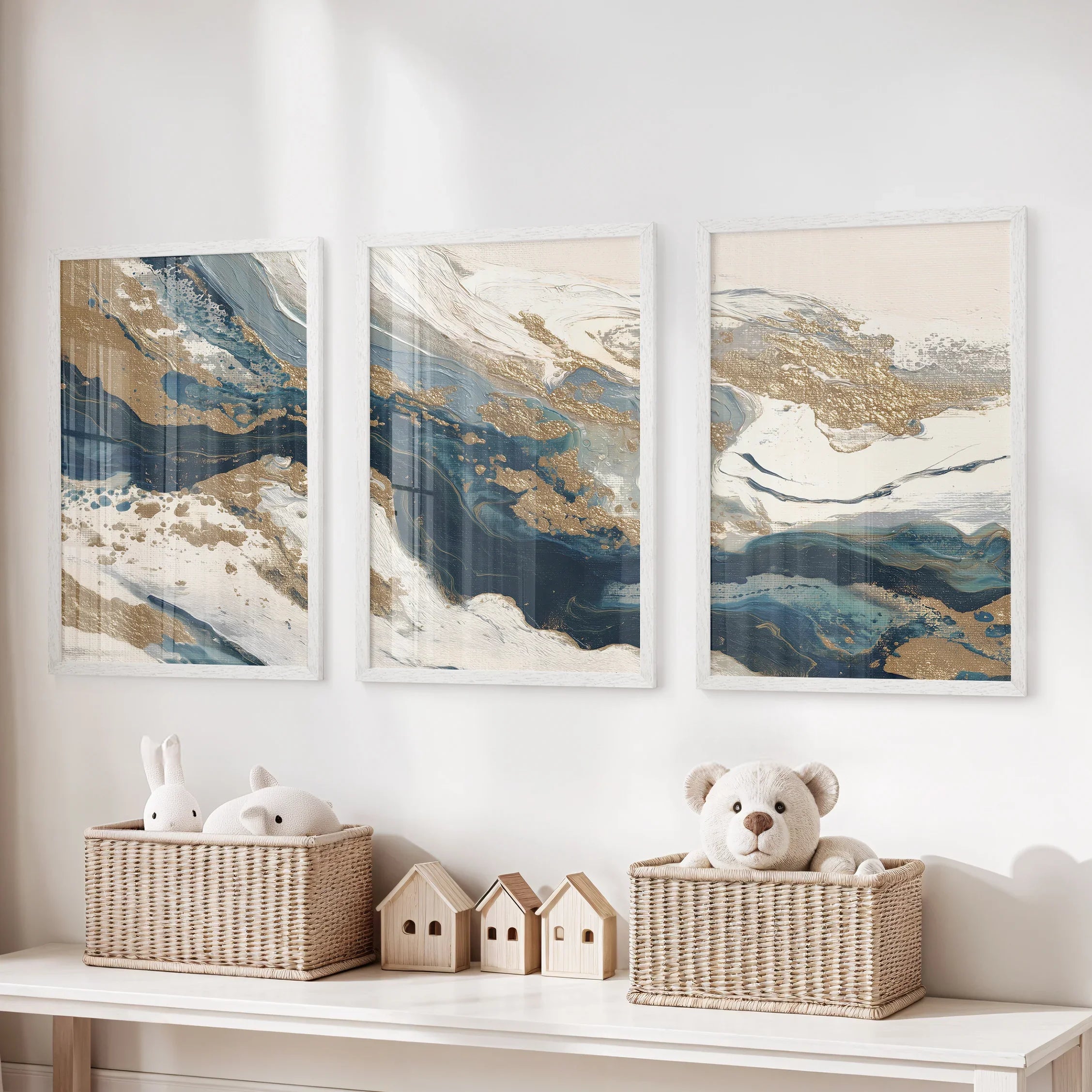 Gold &amp; Blue Brush Strokes. Luxury 3 Piece Abstract Wall Art