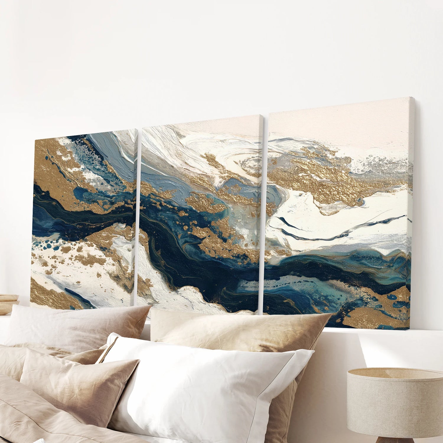 Gold &amp; Blue Brush Strokes. Luxury 3 Piece Abstract Wall Art