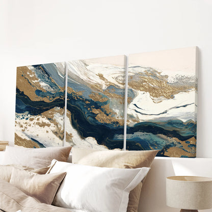 Gold &amp; Blue Brush Strokes. Luxury 3 Piece Abstract Wall Art