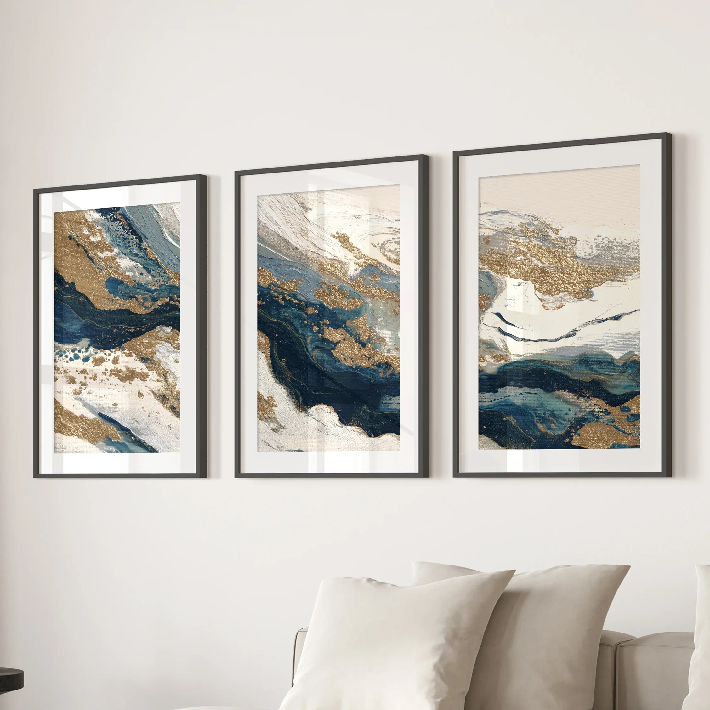 Gold &amp; Blue Brush Strokes. Luxury 3 Piece Abstract Wall Art