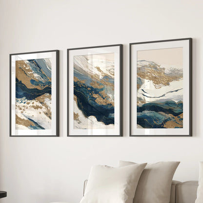 Gold &amp; Blue Brush Strokes. Luxury 3 Piece Abstract Wall Art