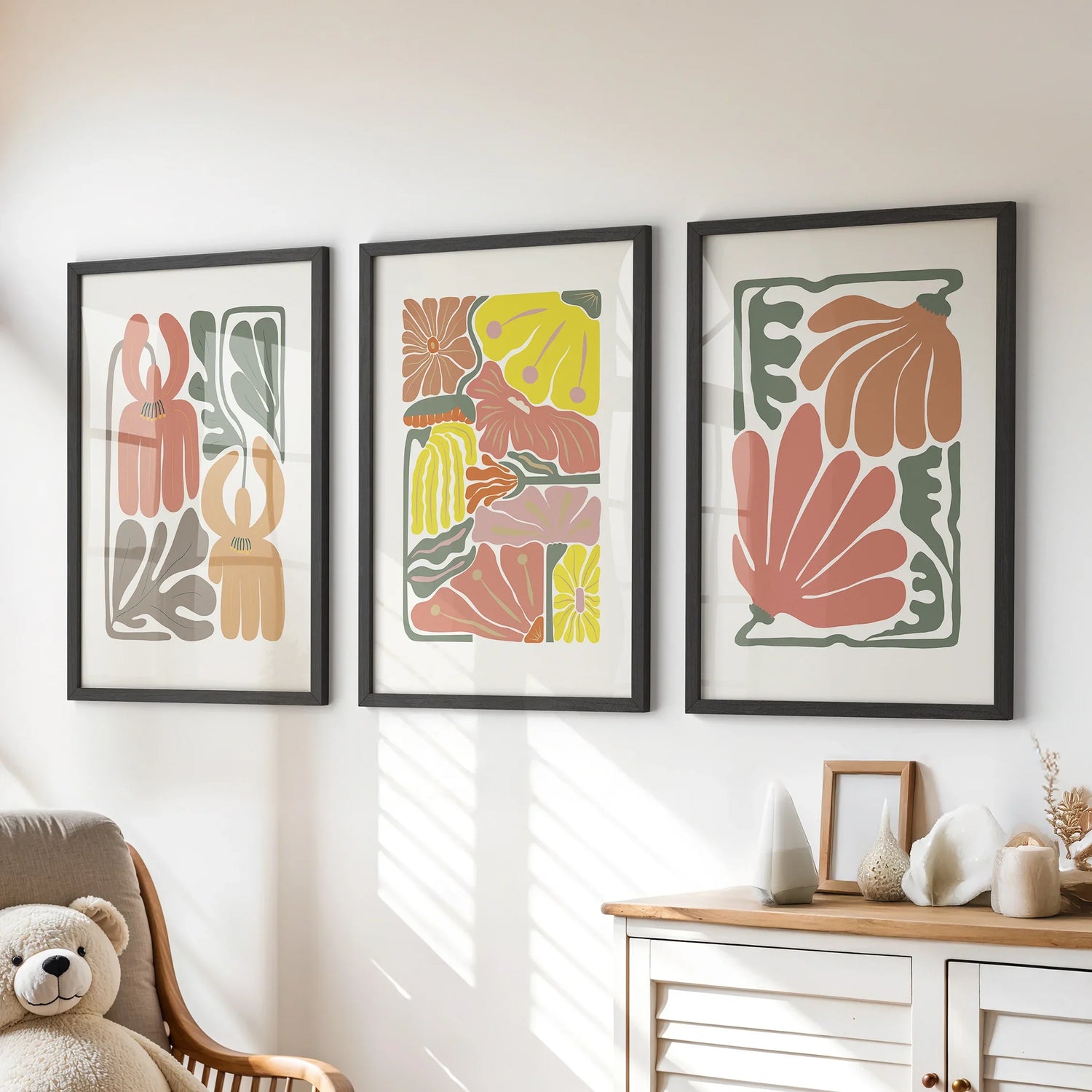 Boho Chic Botanical Decor. Set of 3 Abstract Flowers Prints