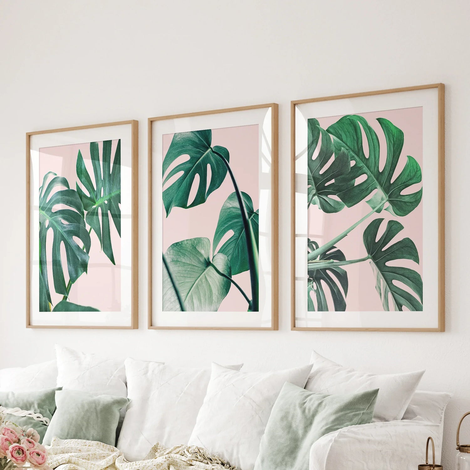 Pink Botanical 3 Piece Wall Art. Green Monstera Leaves Print