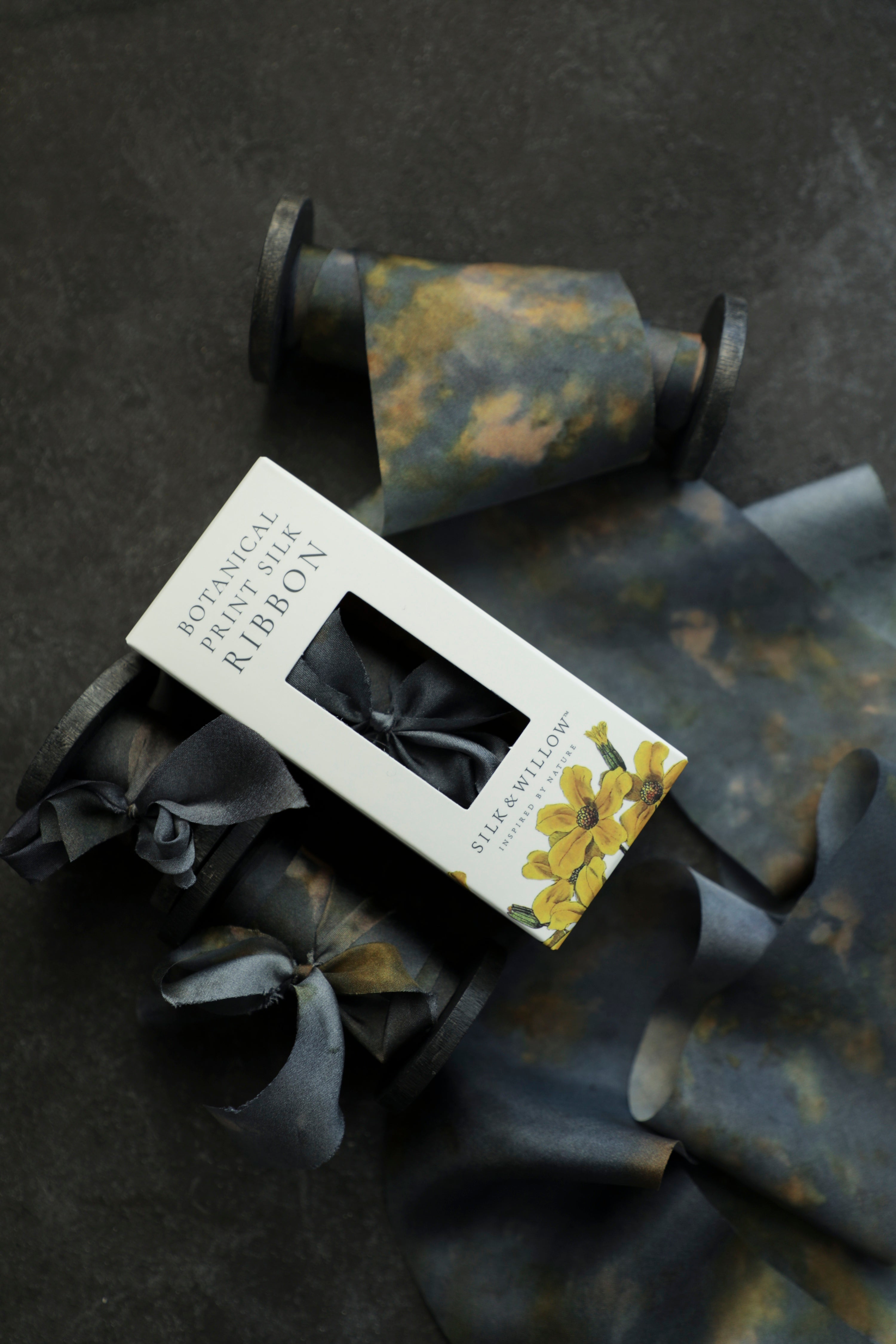 Midnight Botanical Print Silk ribbon