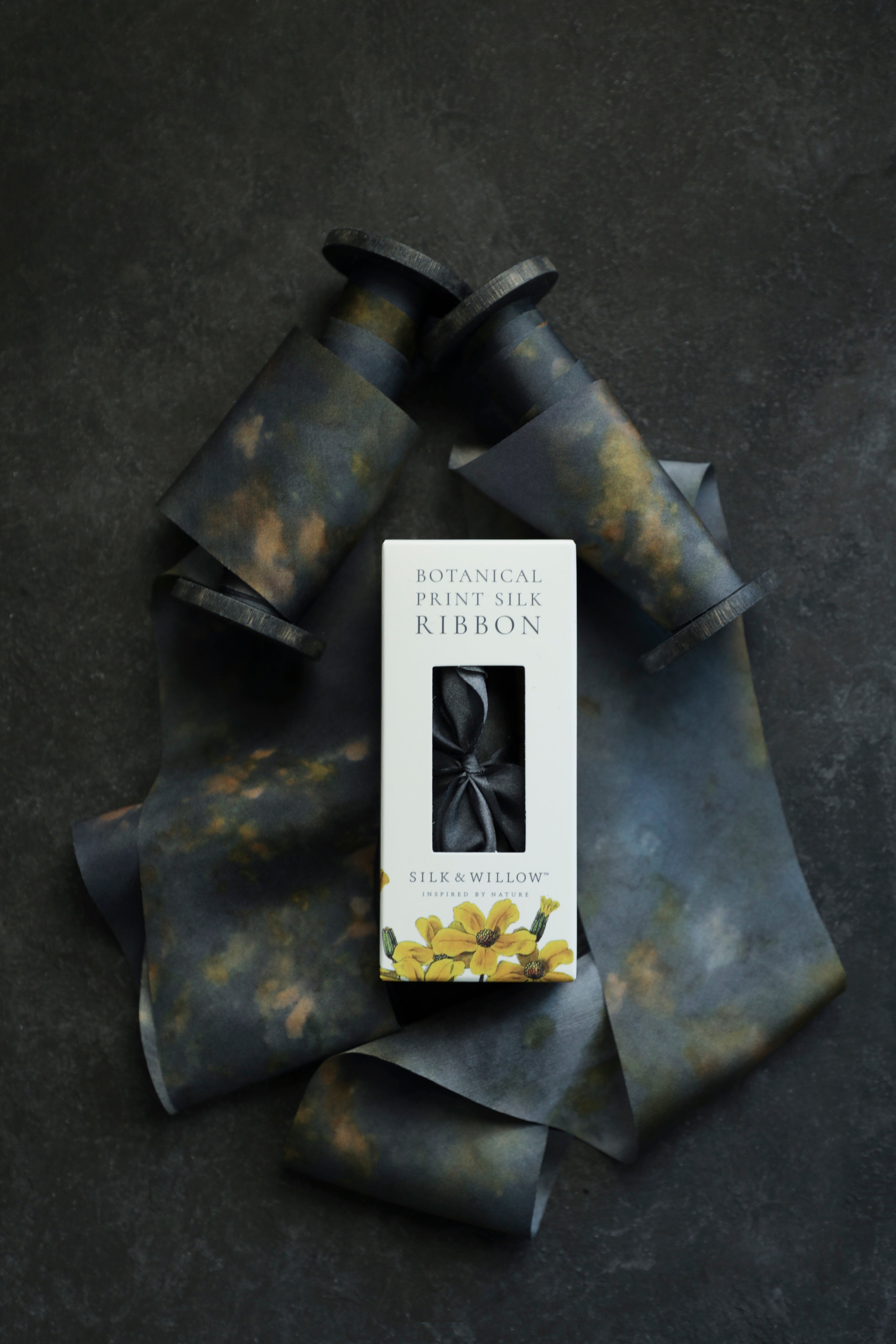 Midnight Botanical Print Silk ribbon