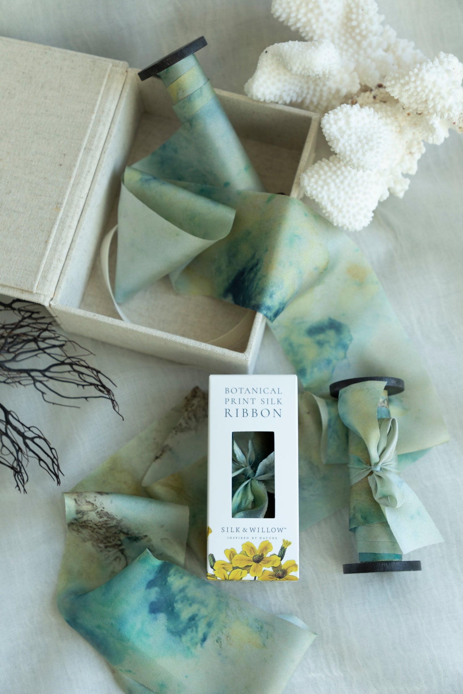 Seascape Botanical Print Silk Ribbon