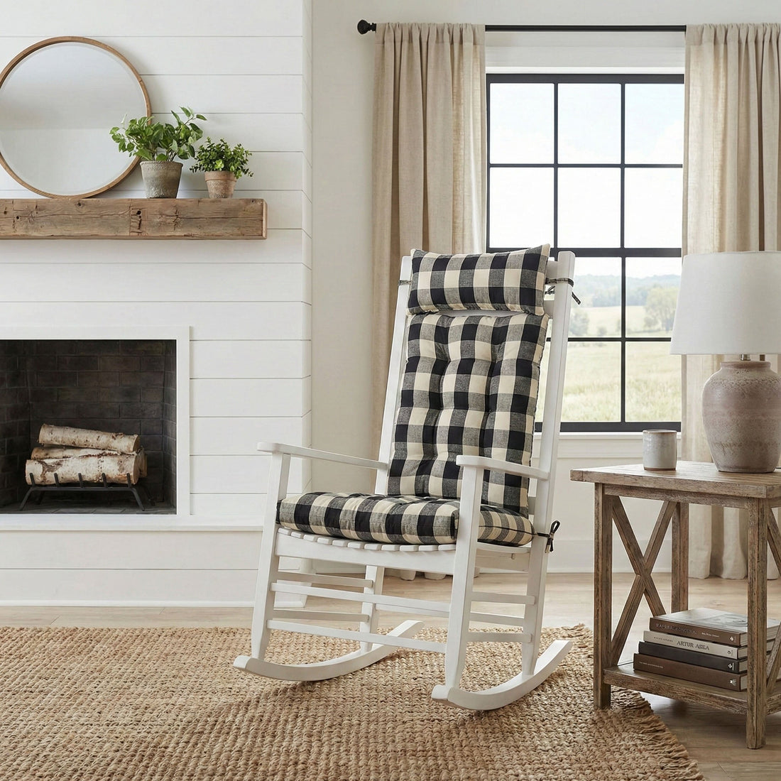 Buffalo Check Rocking Chair Cushions - Latex Foam Fill - Reversible - Black &amp; Cream