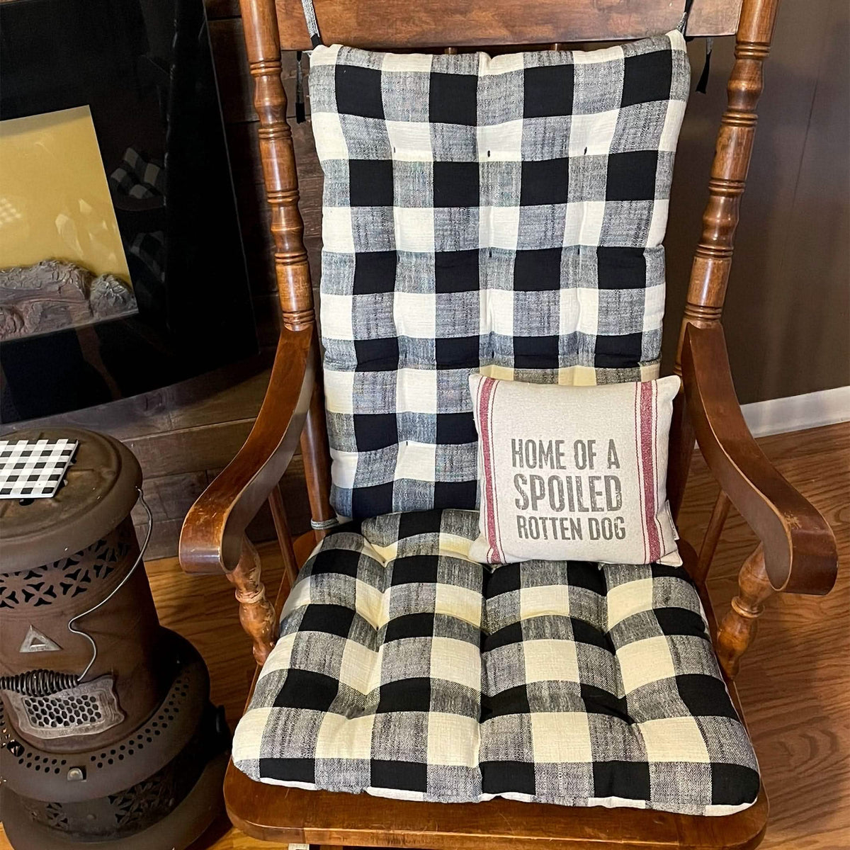 Buffalo Check Rocking Chair Cushions - Latex Foam Fill - Reversible - Black &amp; Cream