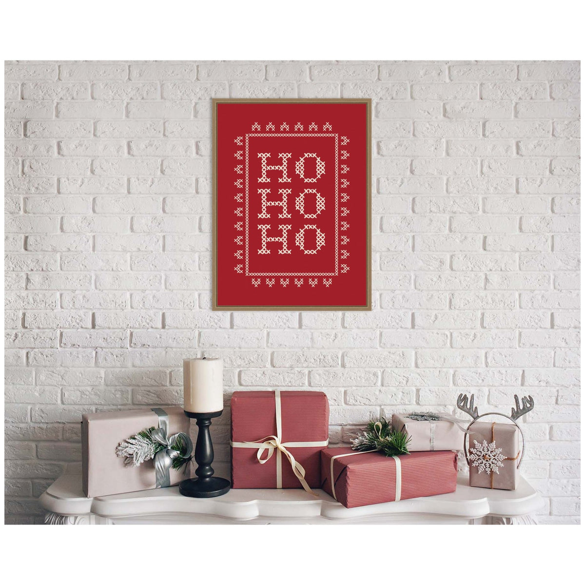 Ho Ho Ho Cross Stitch Red by Kikiandnim Framed Canvas Wall Art Print