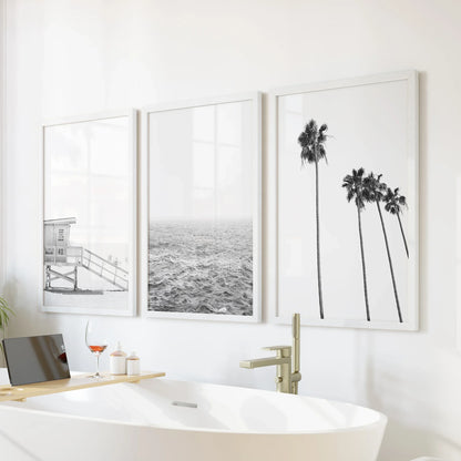 Black White Coastal Wall Art Set: Palms, Ocean, Lifeguard