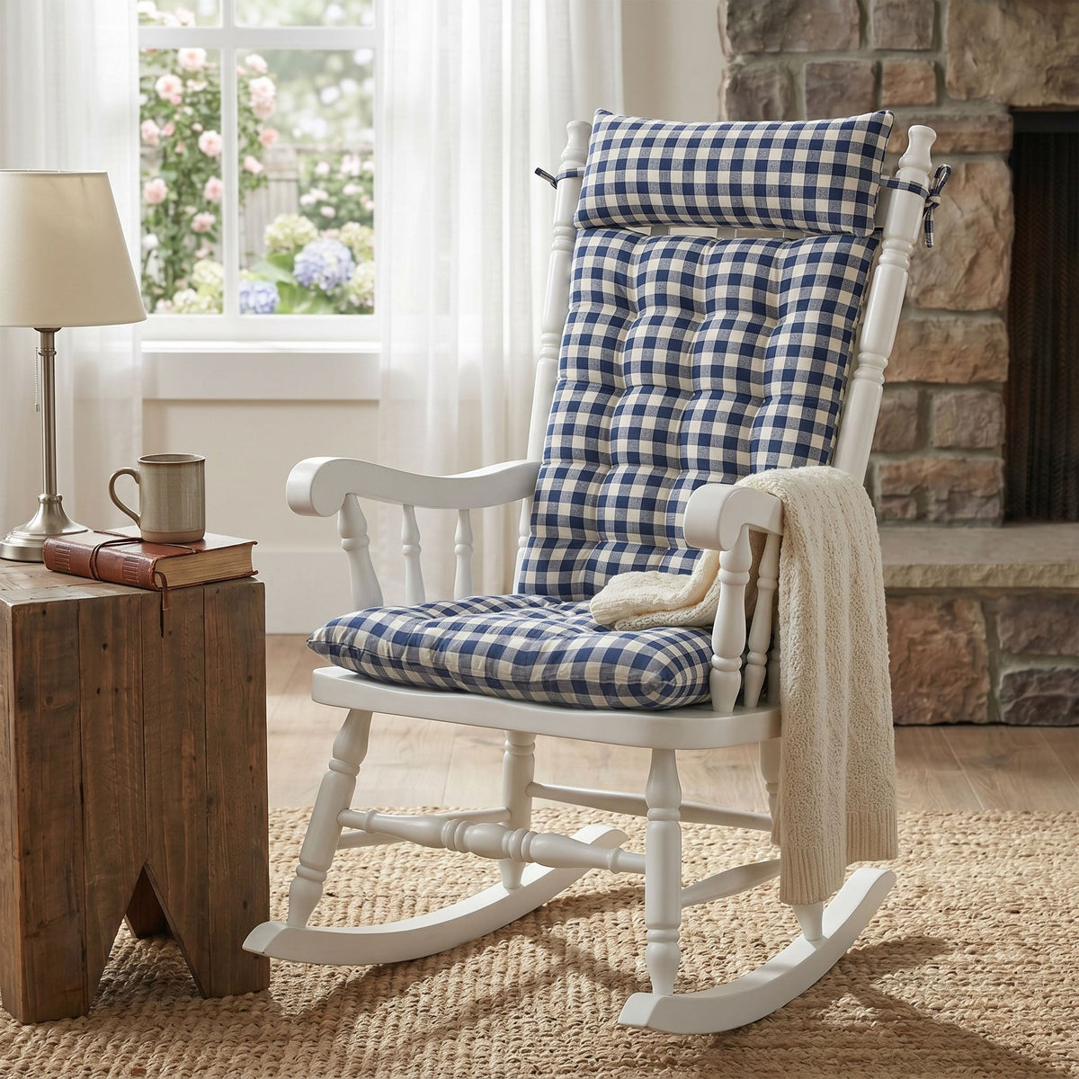 Classic Check Blue Rocking Chair Cushions - Made in USA - 100% Cotton