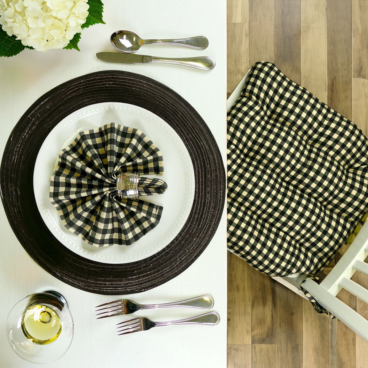 Farmhouse Check Black &amp; White Checked Chair Pad - Made in USA - 100% Cotton - Machine Washable