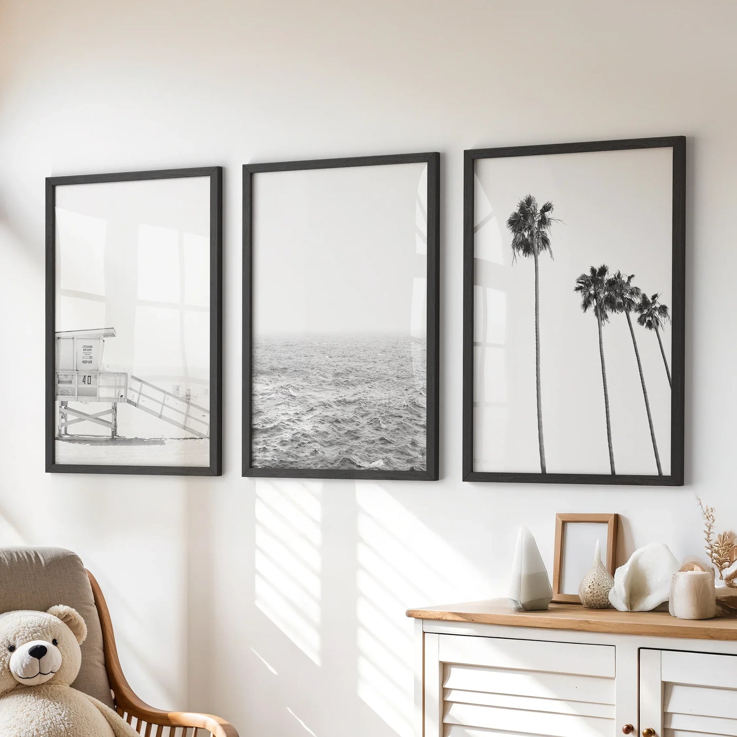Black White Coastal Wall Art Set: Palms, Ocean, Lifeguard