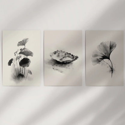 Minimalist Japanese Set of 3 Prints. Black and White Flowers Decor